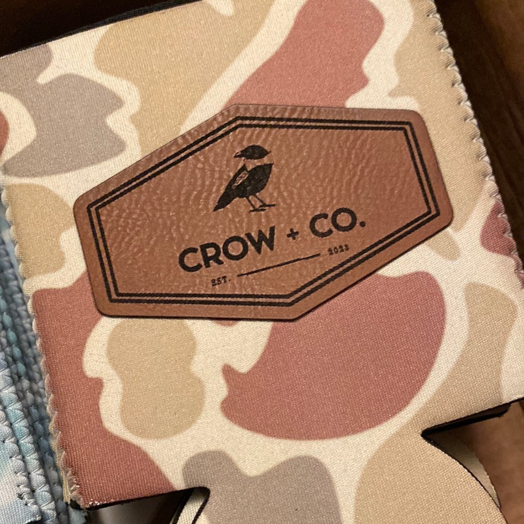 Old School Camo Koozie featuring the Crow + Co. Logo.