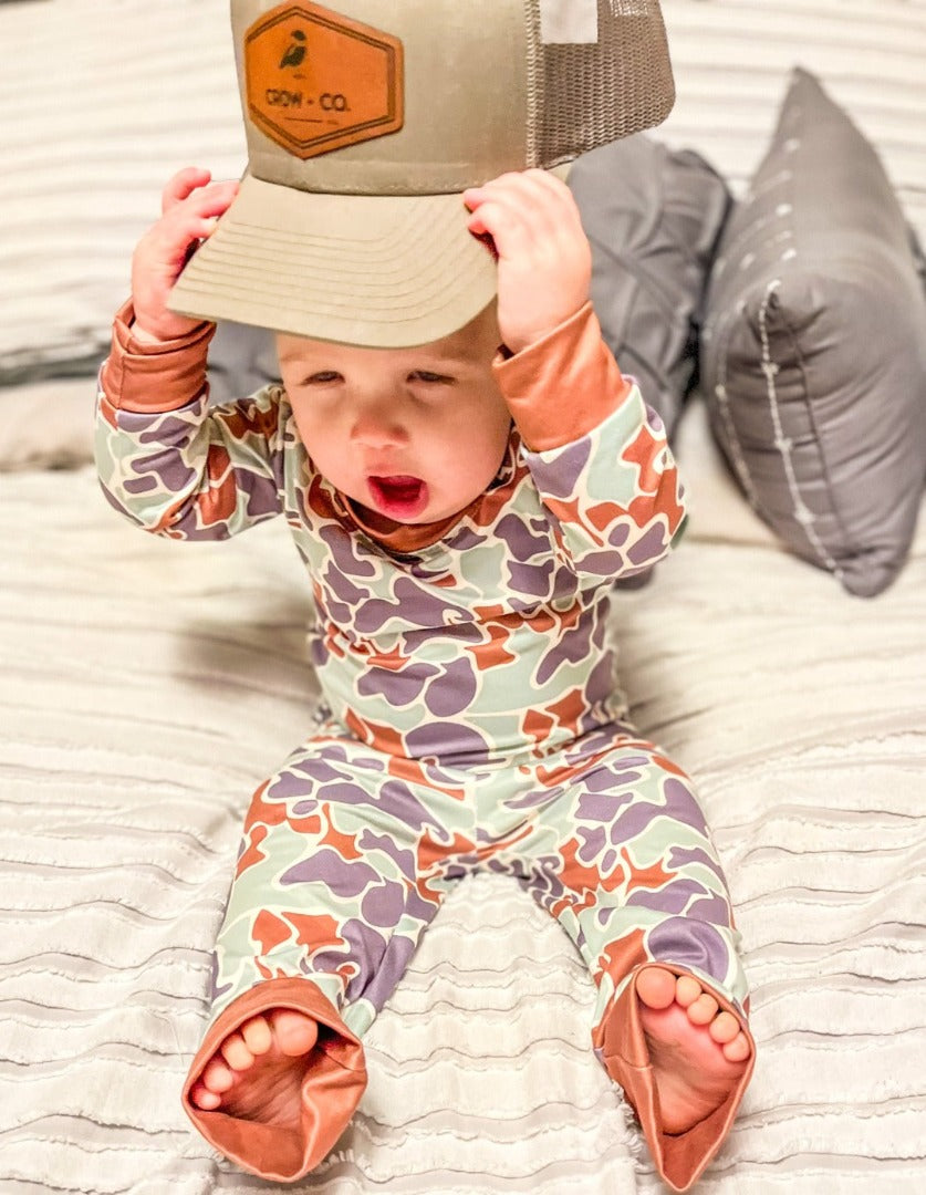 Boys' Duck Camp PJ's with an old school camo pattern and brown trim.