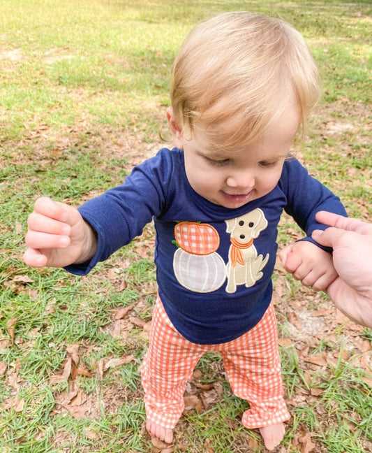 Boys' Pumpkin Pup Pant Set: A navy blue long-sleeve shirt featuring a puppy and pumpkins on the front, paired with orange and white checkered pants to complement the pumpkin theme.