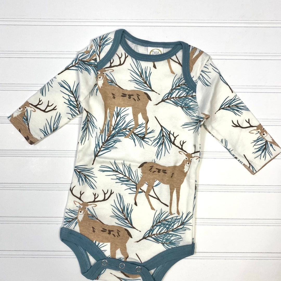 Boys' onesie with a white background, blue trim, and featuring deer and blue branches design.