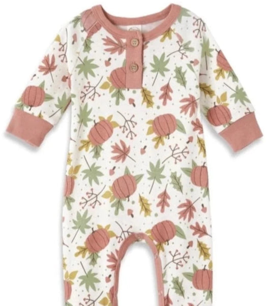 Girls' Falling for Fall Onesie with a white background, featuring pink pumpkins, green, gold, and pink leaves, branches, and acorn designs, accented with pink trim.